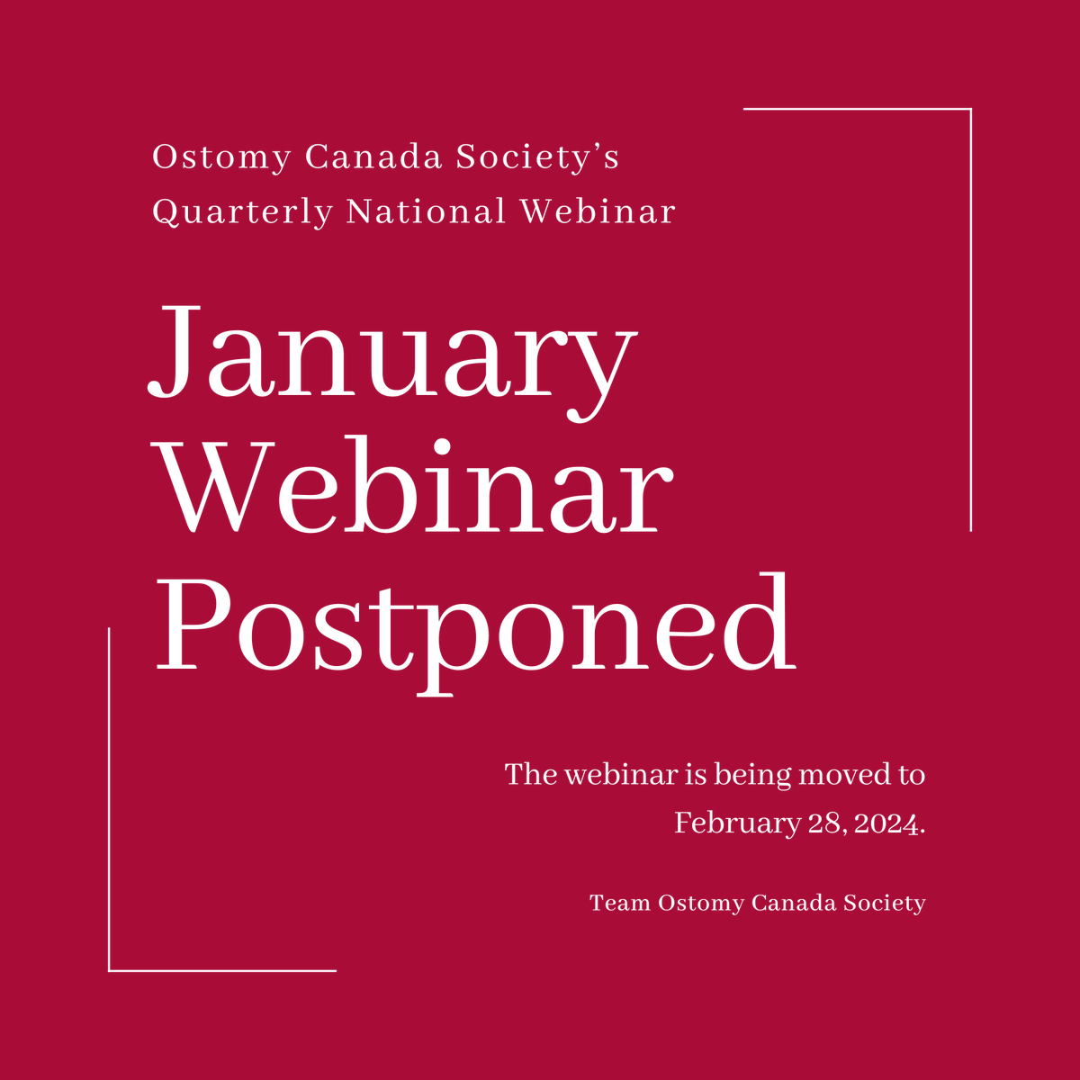 OstomyCanada's tweet photo. ๐ข Update! ๐๏ธ Our Quarterly National Webinar, originally on Jan 17th, is now rescheduled to Feb 28th due to unforeseen reasons. ๐ Apologies for any inconvenience. ๐ Stay tuned for registration details! ๐ #OstomyCanada #WebinarUpdate #SaveTheDate #CommunityConnection https://t.co/CRDG8C1OI3