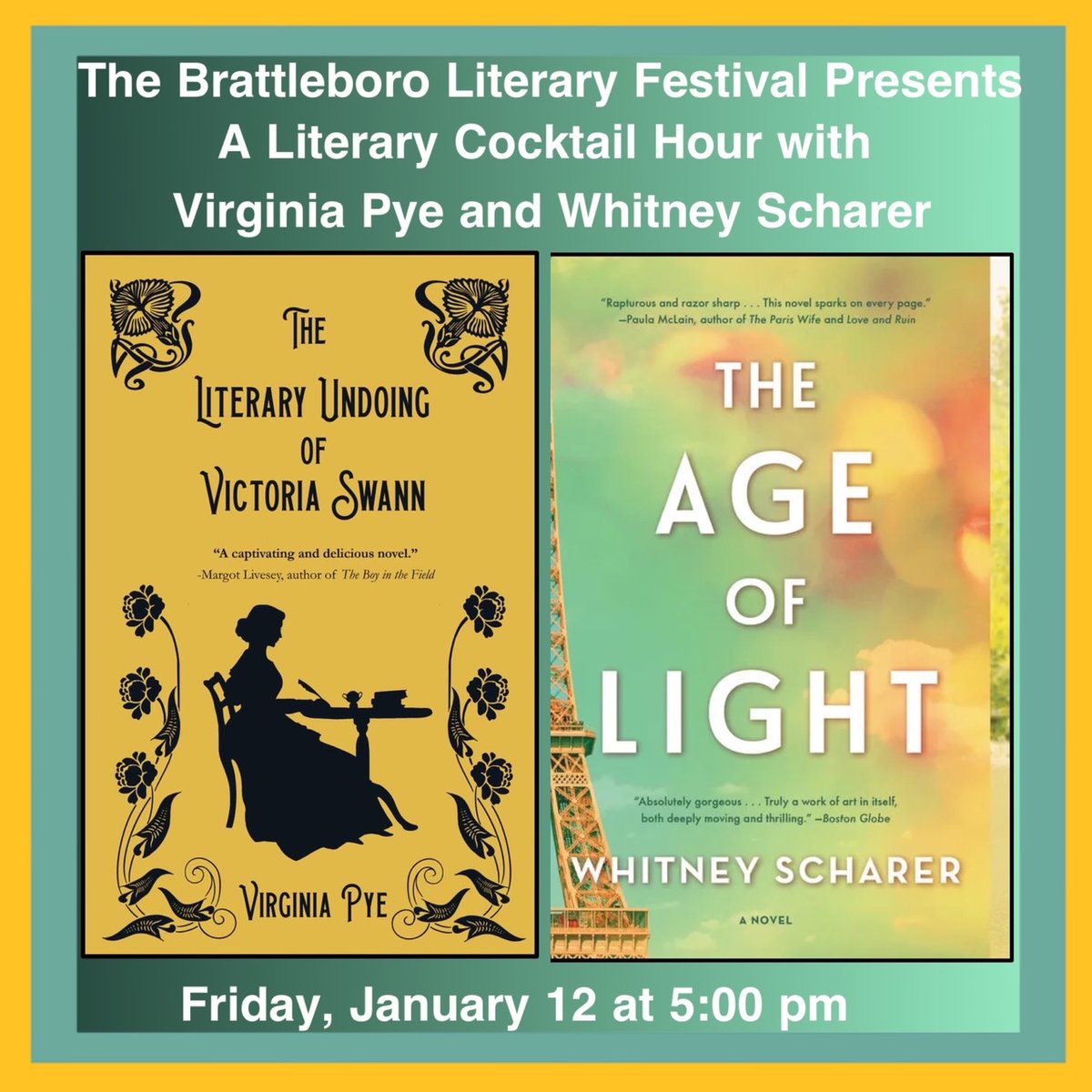 Ok, @truth_eater @weedlit @tombedell @jennyaltshuler1 @jerryjcarbone @RegalHouse1 @HachetteUS    Let's retweet this great #literarycocktailhour on #HistoricalFiction with authors @VirginiaPye and @wscharer. Friday, 1/12/24, 5 pm ET. Register here bit.ly/LitCocktail35