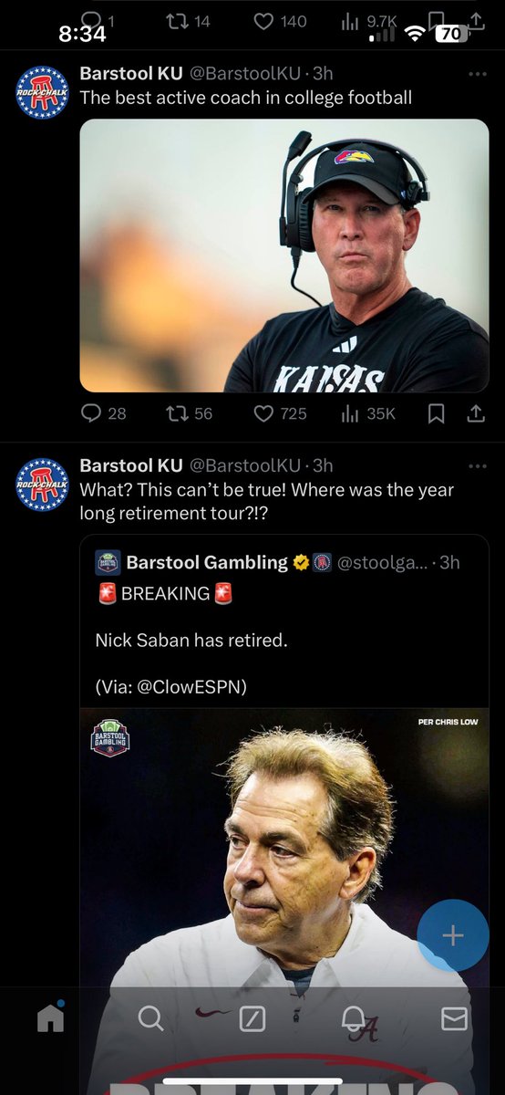 thebigbeatdown's tweet photo. @BarstoolKU Y’all gotta be careful posting this DIRECTLY after the Saban retirement post 🫣 https://t.co/TjH6vbf39j