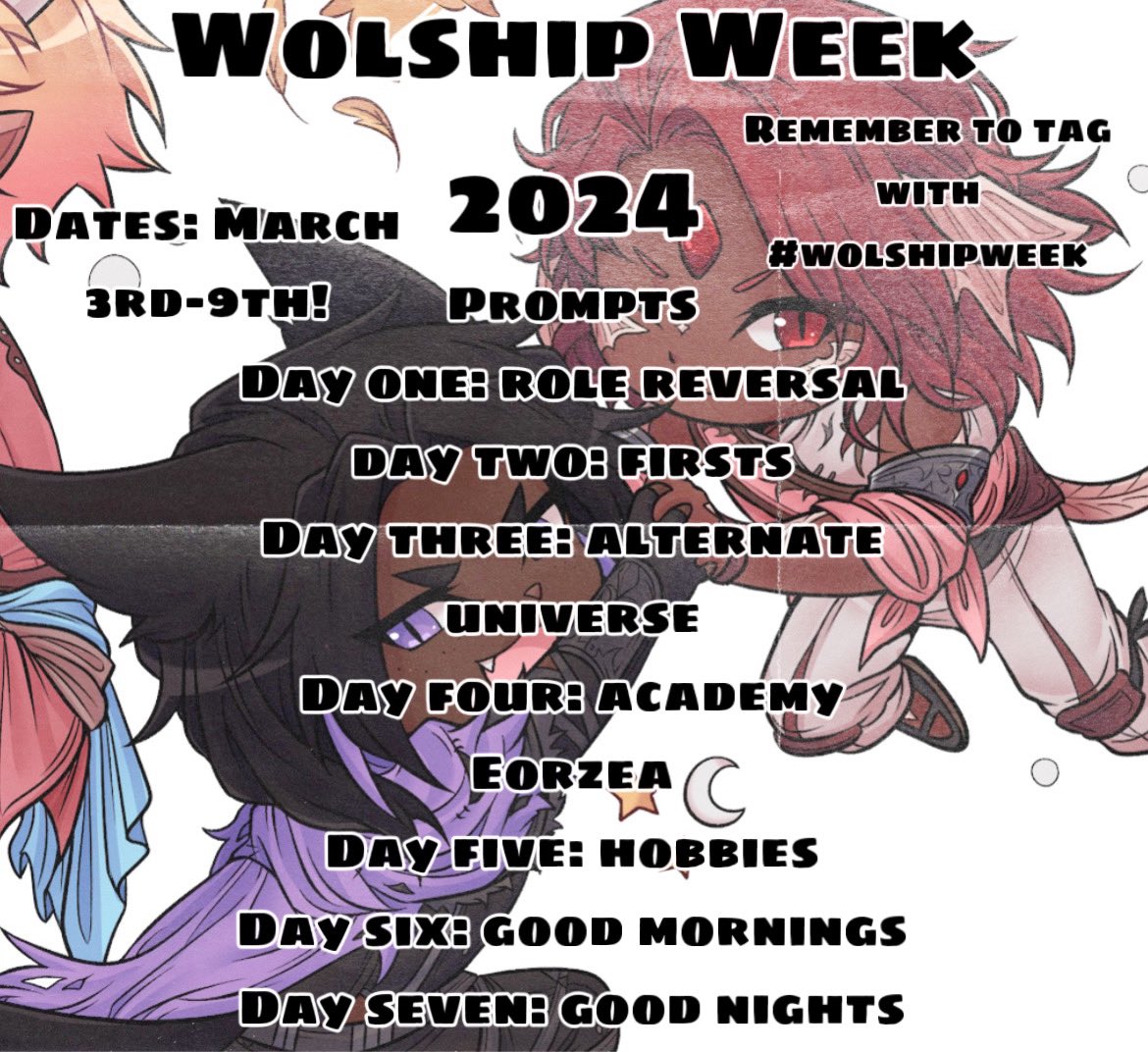 WolShip's tweet photo. Hello and welcome to year four of wolship week! I’m very excited to be back with you all and to see some new and familiar faces! Here’s the prompt list for this year! Rules and guidelines below!💖 https://t.co/nxuvfooFL7