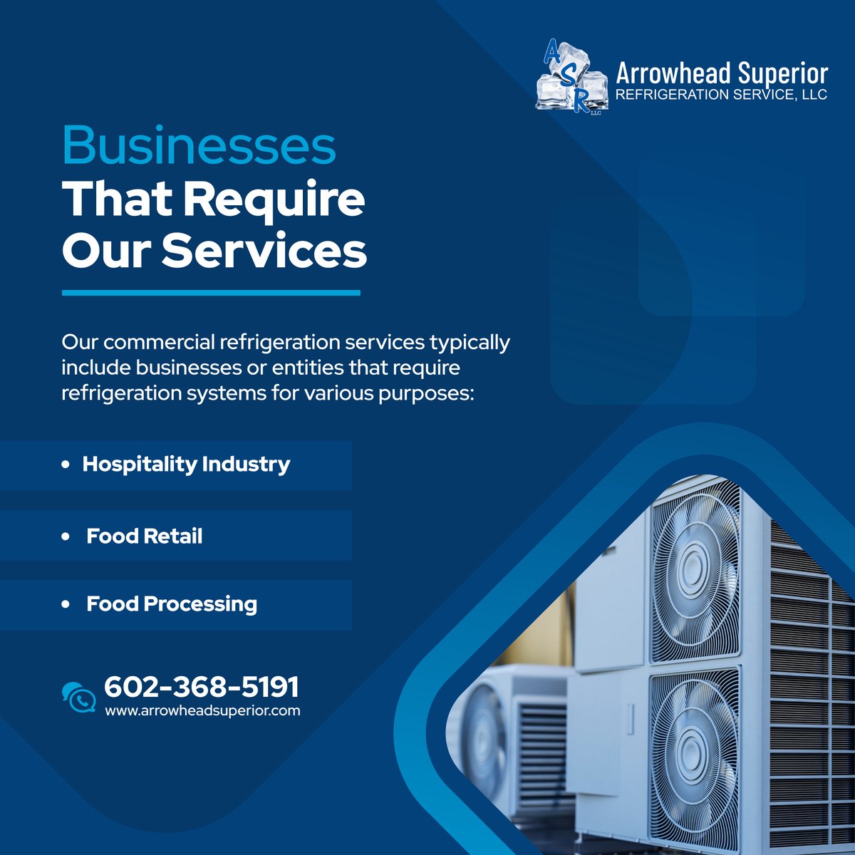 Our top-notch commercial refrigeration services are available for restaurants, grocery stores, supermarkets, convenience stores, and even cafeteria facilities in Arizona. 

#PeoriaArizona #CommercialRefrigerationServices #FoodRetailCooling #FoodProcessingCooling #CoolingServices