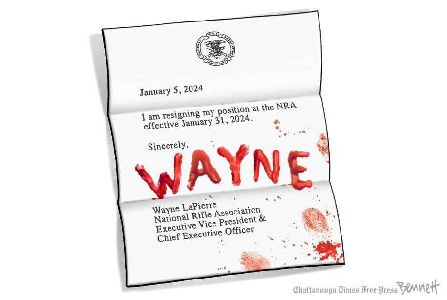 Wayne LaPierre's resignation from the NRA may have been signed with a pen, but signed with only his own blood soaked hands would have been much more appropriate.

#DyingForGunSafety
#CommonsenseGunReform
#FreshResists