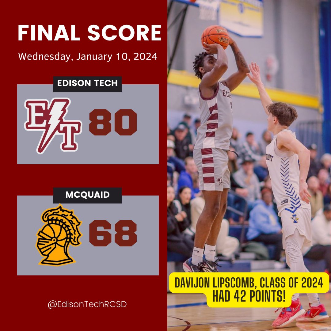 🏀 Exciting Boys Basketball game between @EDTechAthletics and McQuaid! Senior Guard Davijon Lipscomb dominated with an impressive 42 points! @RCSDNYS @drpeluso @LaCassaDFelton @SecVBBasketball @PrimetimeBall_ @ROBDANIELSPHOTO