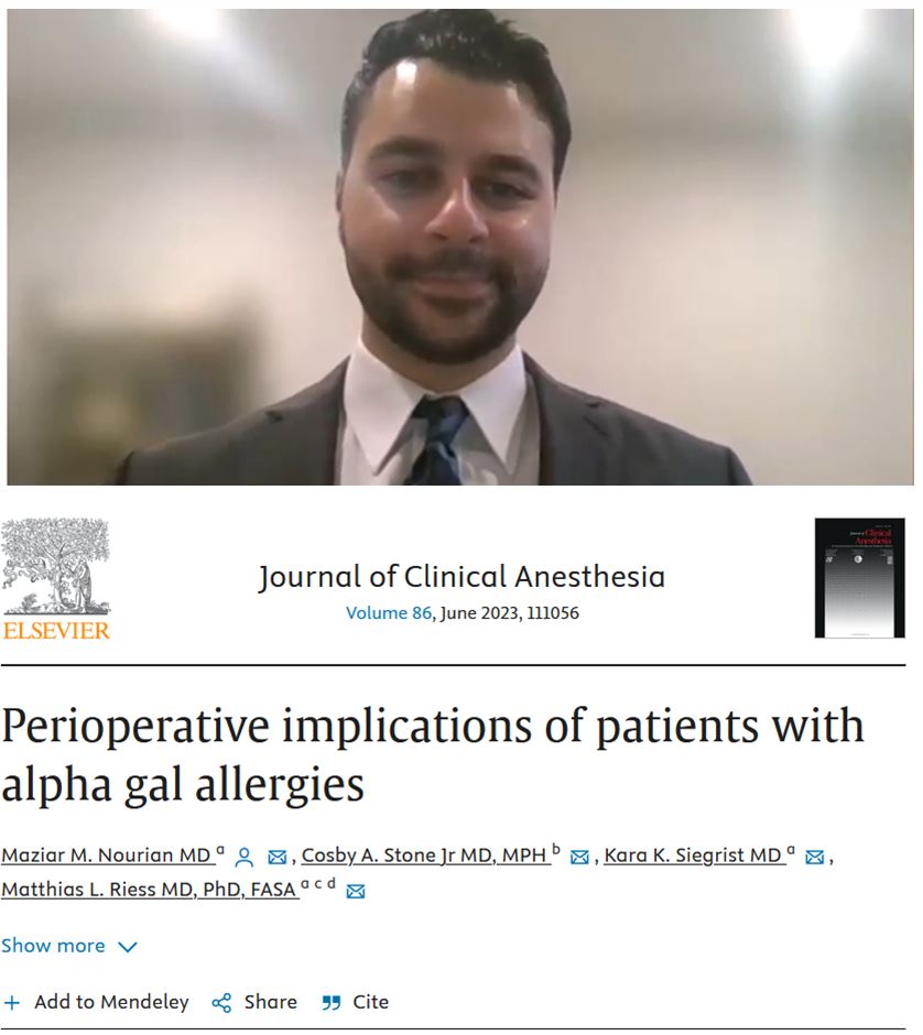 Matthew Barajas & Matthias Riess (@riessbarajaslab) on Twitter photo Check out Dr. Maziar Nourian from <a href="/VUMC_Anes/">VUMC Anesthesiology</a> and <a href="/CedarsSinai/">Cedars-Sinai</a> highlighting 'Perioperative Implications of Patients with Alpha Gal Allergies' in the newest <a href="/JournalofClinAn/">Journal of Clinical Anesthesia</a> podcast!
youtube.com/watch?v=RP7RZi…
sciencedirect.com/science/articl… Check out Dr. Maziar Nourian from <a href="/VUMC_Anes/">VUMC Anesthesiology</a> and <a href="/CedarsSinai/">Cedars-Sinai</a> highlighting 'Perioperative Implications of Patients with Alpha Gal Allergies' in the newest <a href="/JournalofClinAn/">Journal of Clinical Anesthesia</a> podcast!
youtube.com/watch?v=RP7RZi…
sciencedirect.com/science/articl…