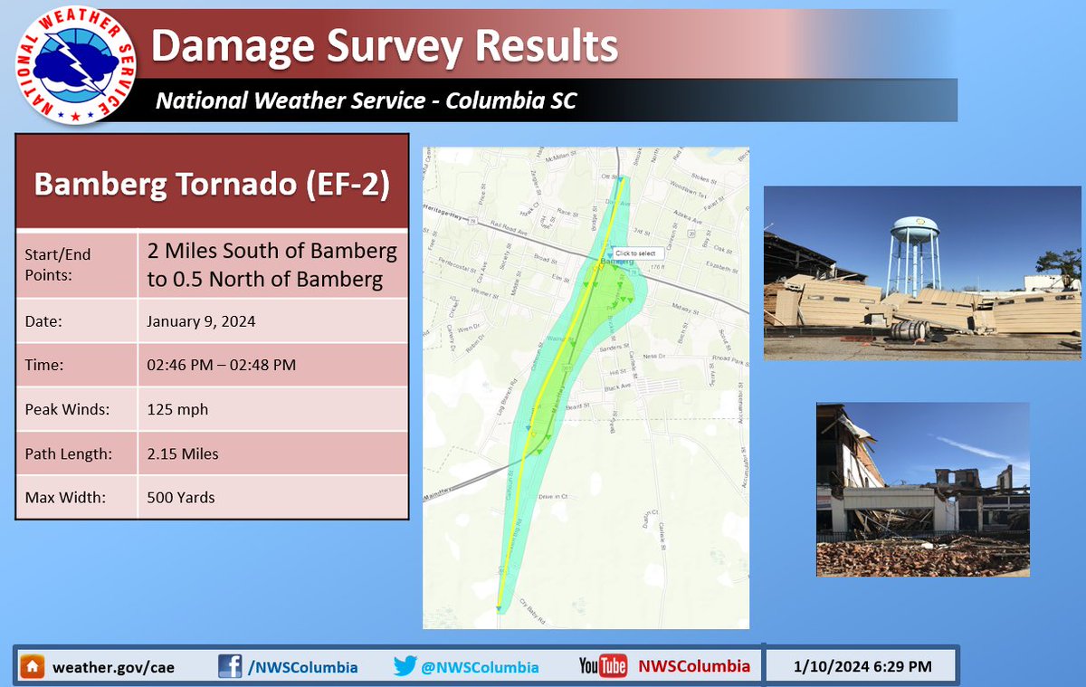 A second survey team confirmed an EF-2 #tornado in Bamberg that occurred yesterday (1/9/24). This is the second confirmed tornado from yesterday's event. #caewx #scwx