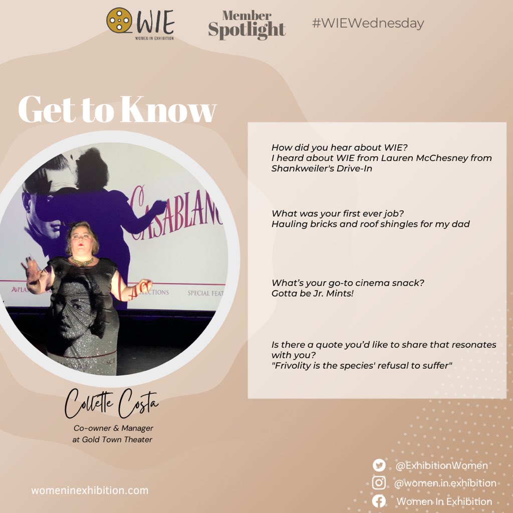 ExhibitionWomen's tweet photo. Check out this monthβs #WIEMemberSpotlight - Collette Costa, Co-Owner & Manager, @goldtownnick! Our Members are the best part of #WIE!
#womeninexhibition #wcw #wiewednesday #cinemaexhibition #goldtowntheater #arthouse #arthoisecinema https://t.co/1MBOz0Q8sc