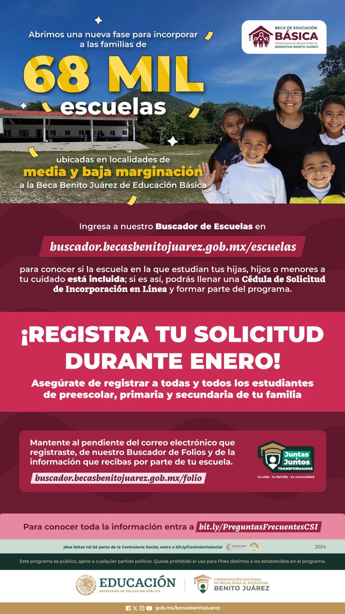 ¡Llena una #CSI en Línea durante ENERO!

Conoce si tus hijas, hijos y/o menores a tu cuidado estudian en alguna de las 68 mil escuelas de #EducaciónBásica de media y baja marginación y solicita una beca. 

Entra a: buscador.becasbenitojuarez.gob.mx/escuelas

Para más info: bit.ly/PreguntasFrecu…