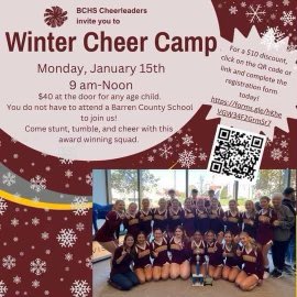 BCHSTrojans's tweet photo. 📣Winter Cheer Camp📣

It is time to stunt, rumble and cheer!!! Monday, January 15 is the date for our Winter Cheer Camp sponsored by the amazing award winning BCHS Cheerleaders! Use the QR code today to save $10! #bchscheer #awardwinningsquad https://t.co/RYKSGvEjnp