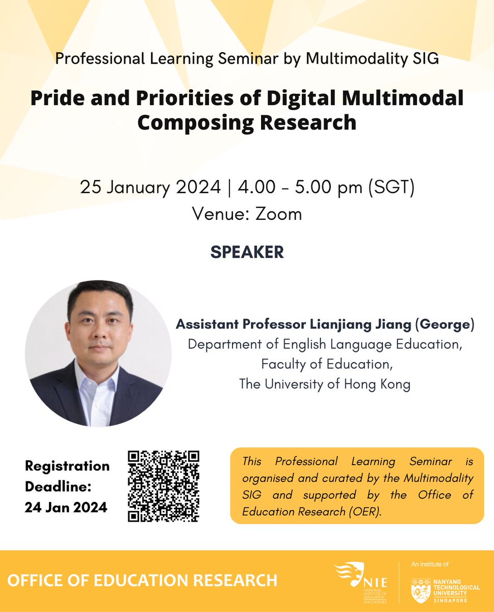 Join us on 25 Jan where Asst Prof Lianjiang Jiang will share about the potential of Digital Multimodal Composing in language learning, assessment and teacher development, and discuss ways forward in this exciting field. Sign up now: bit.ly/3NSJfFM