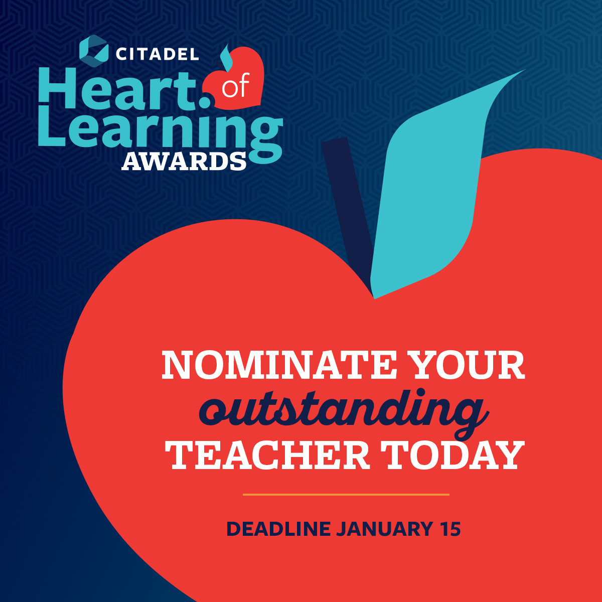 Just one week remains to nominate your favorite teacher for the Citadel Heart of Learning Award! Learn more: CitadelBanking.com/Nominate