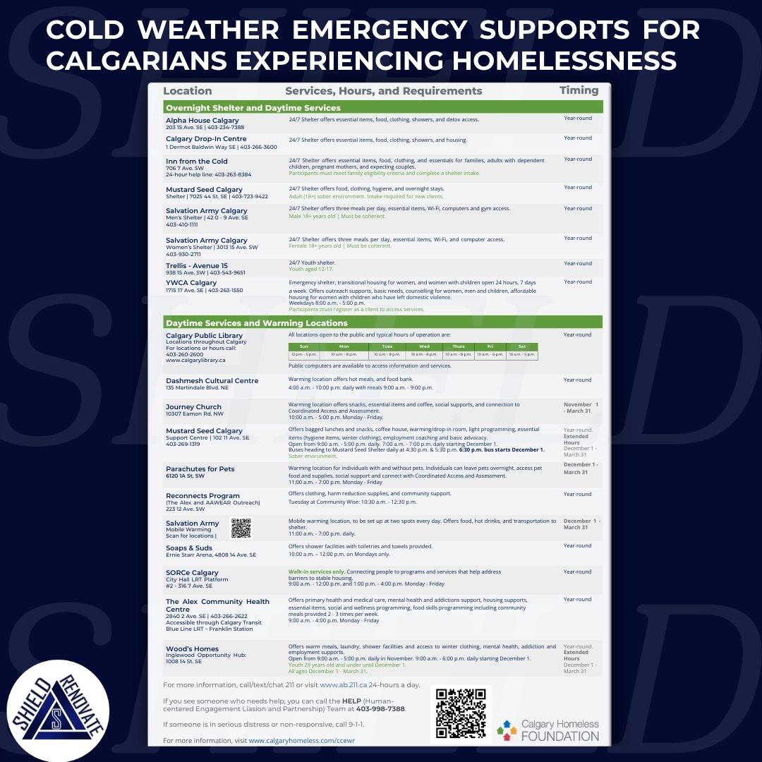 ShieldRenovate's tweet photo. PSA:  Calgary Homeless Foundation (CHF) - If you need to get out of the cold and warm up, here’s a Resource List of  emergency locations that includes overnight shelters, daytime services and warming stations.

https://t.co/Is2UEMuPb8...

#calgary #yyc #PSA #extremecoldwarning https://t.co/5fbJPTyQdv