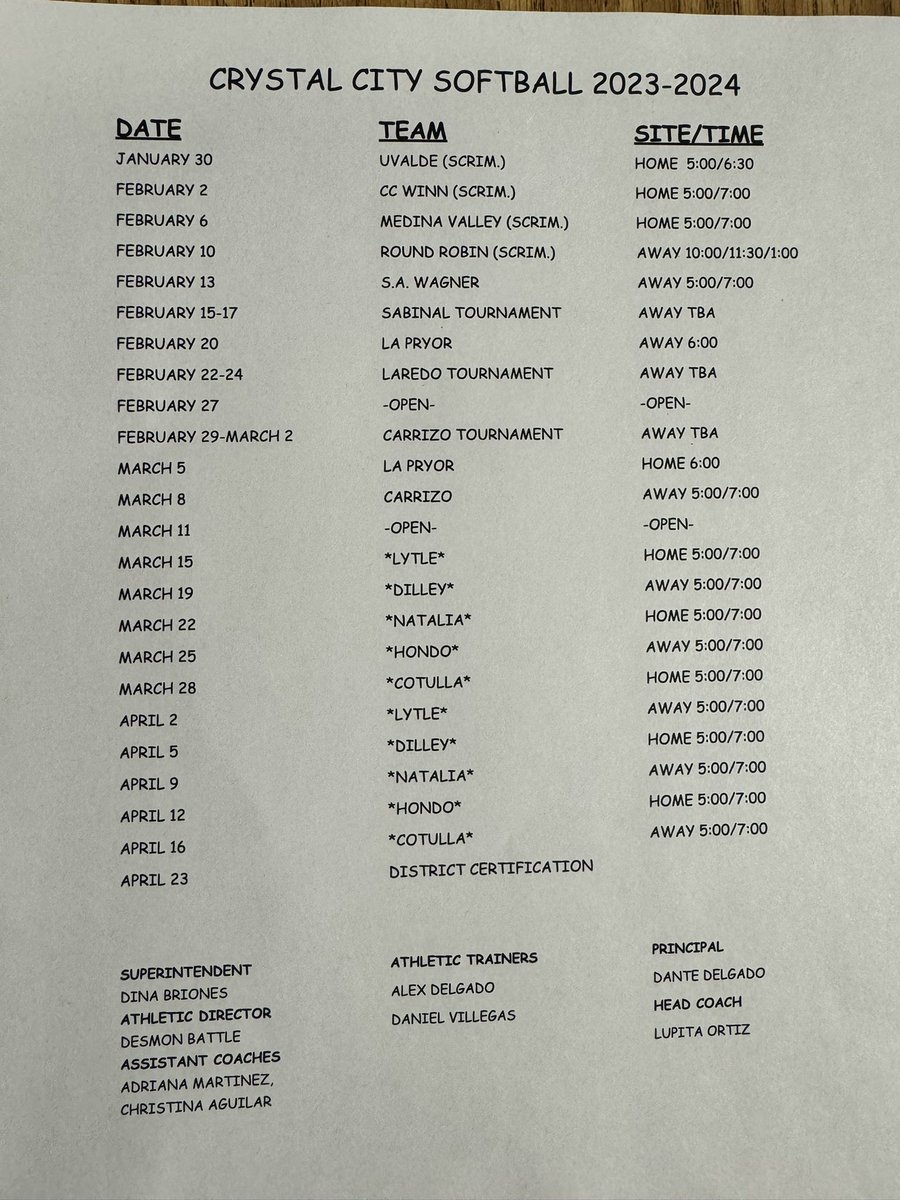 🚨🚨 Softball season is coming!!! First Day of practice is January 12, 2024 4:15 PM. You will need an updated physical on file before the start date. This is also the schedule for the year.
