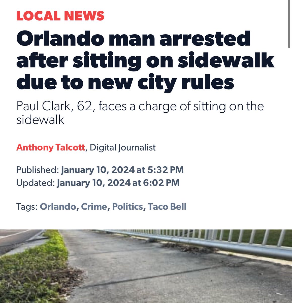 One of the arguments made in favor of this ordinance by the City of Orlando was that it had nothing to do with the homeless — and yet, the first person OPD arrested for sitting on the sidewalk is an individual without a home. Ridiculous. Living in poverty should not be a crime.