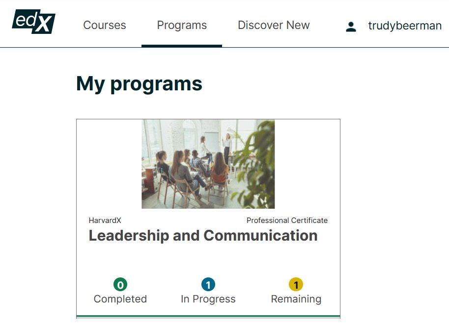 TrudyBeerman's tweet image. I am taking a certificate @Harvard
course via @edXOnline
in Persuasive Writing and Public Speaking. I am confident this will be very relevant to my work. #mediamastery #perpetualstudent