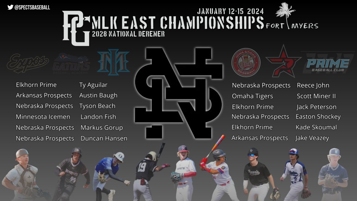 SpectsBaseball's tweet photo. 2028 Spects National-Deremer will be in Fort Myers, FL this weekend for the @PG_Tourney MLK East Championships!

Take a look who will be with us below with partnered clubs: https://t.co/M5mssP3xZf