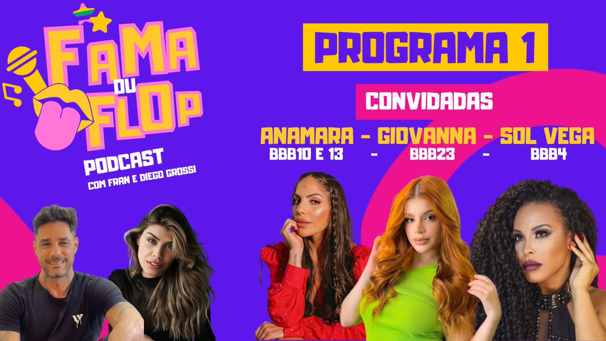 FamaouFlop's tweet photo. https://t.co/loLoCohpQT

#Podcast #FamaOuFlop PROGRAMA 1

Convidadas do programa Anamara #BBB10 e #BBB13, Sol Vega do BBB4 e  Giovanna Leao do #BBB23 Casa de Vidro.
#FamaOuFlopEP1 
#MultiPlan #MultiStudio  #ParkJacarepagua 
@diegocgrossi @francielegrossi https://t.co/gKhjP2U7uH