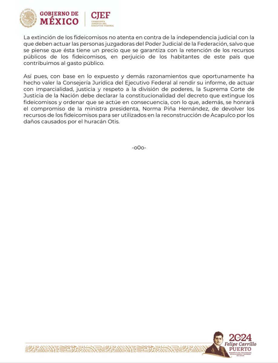 azucenau's tweet image. La Consejería Jurídica del Ejecutivo Federal consideró que la #SCJN debe declarar la constitucionalidad del decreto que extingue los fideicomisos del Poder Judicial, con lo que se honraría la palabra de Norma Piña de entregar los recursos a damnificados del #huracánOtis