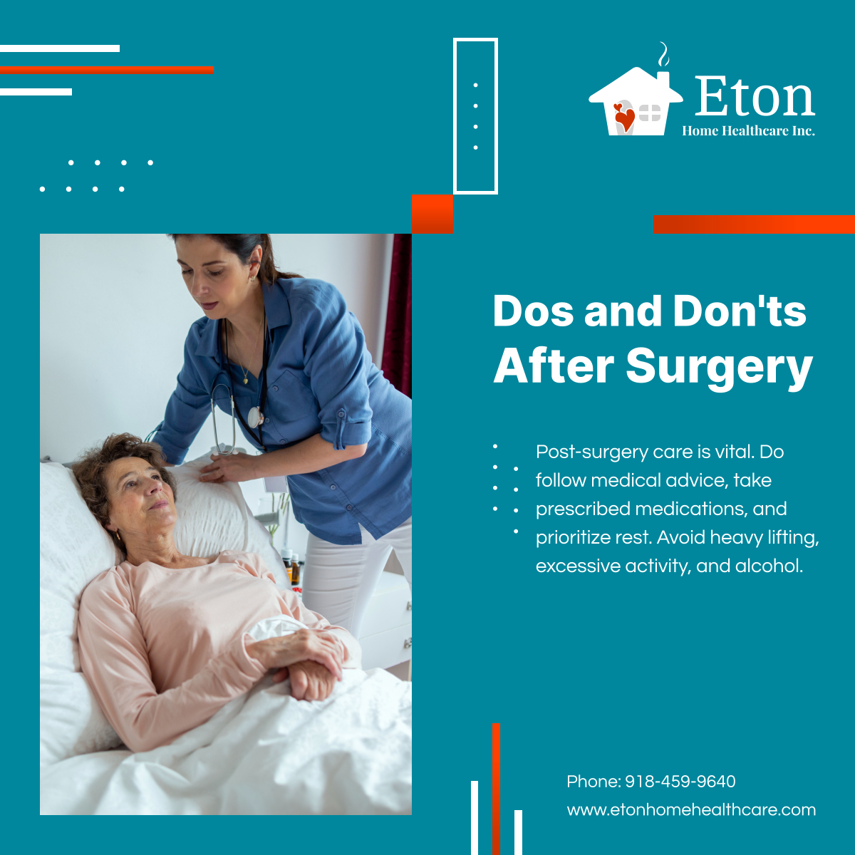 etonhomehcinc's tweet image. Learn the best tips to be in your best shape after surgery at tinyurl.com/3htmwhxm. Following these dos and don'ts ensures a smooth recovery, minimizing complications.

#HomeHealthCare #BrokenArrowOK #SurgeryTips