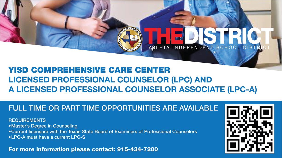 📢 Calling all Licensed Professional Counselors and Counselor Associates! 🙌 #THEDISTRICT is hiring passionate, empathetic, and skilled individuals who are ready to make a difference in the lives of our community! Join #THEDISTRICTofChampions! ▶️for info: bit.ly/45pufW6