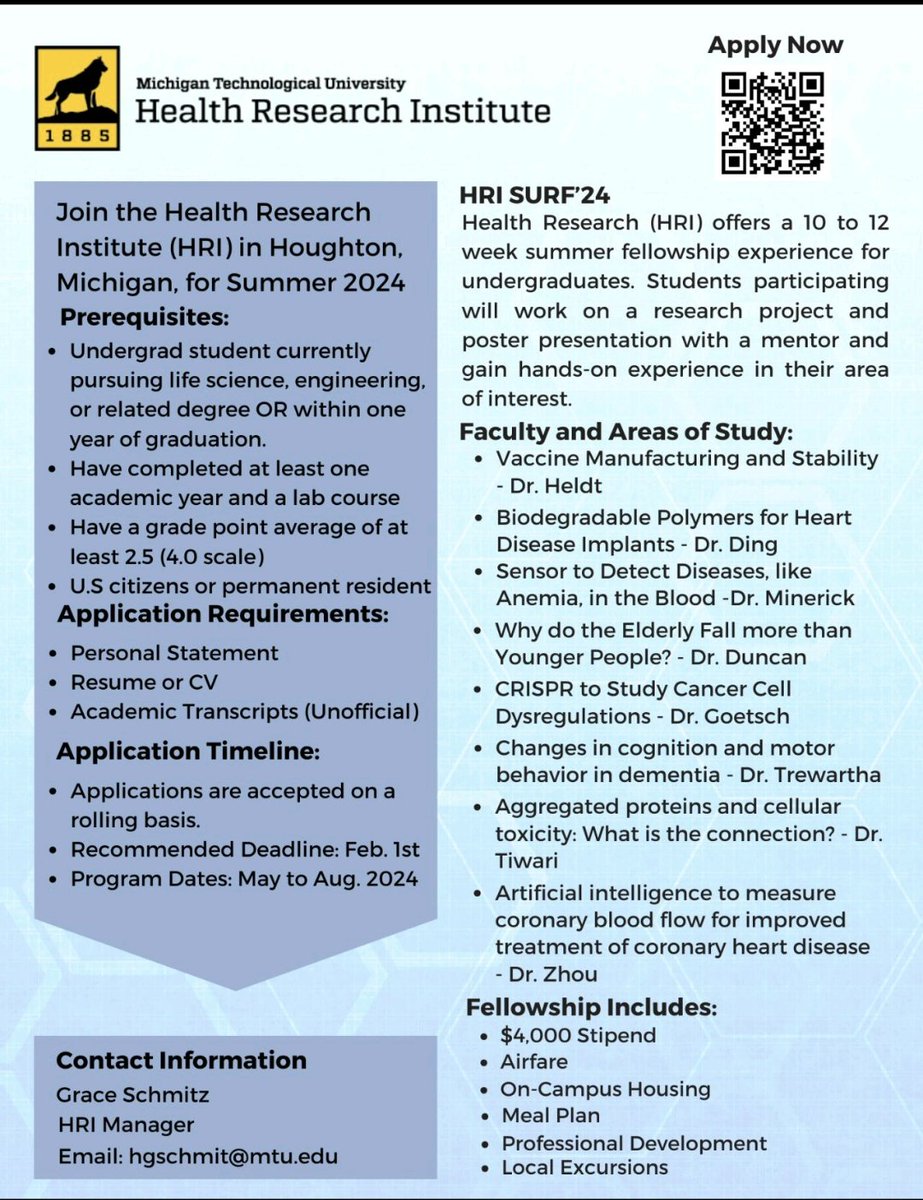 The Health Research Institute @michigantech is seeking talented, ambitious undergrads for our Summer Undergraduate Research Fellowship program. This includes travel, room and board, and a $4000 summer stipend. Please DM me if you want to learn more! @HRI_MTU #AcademicTwitter