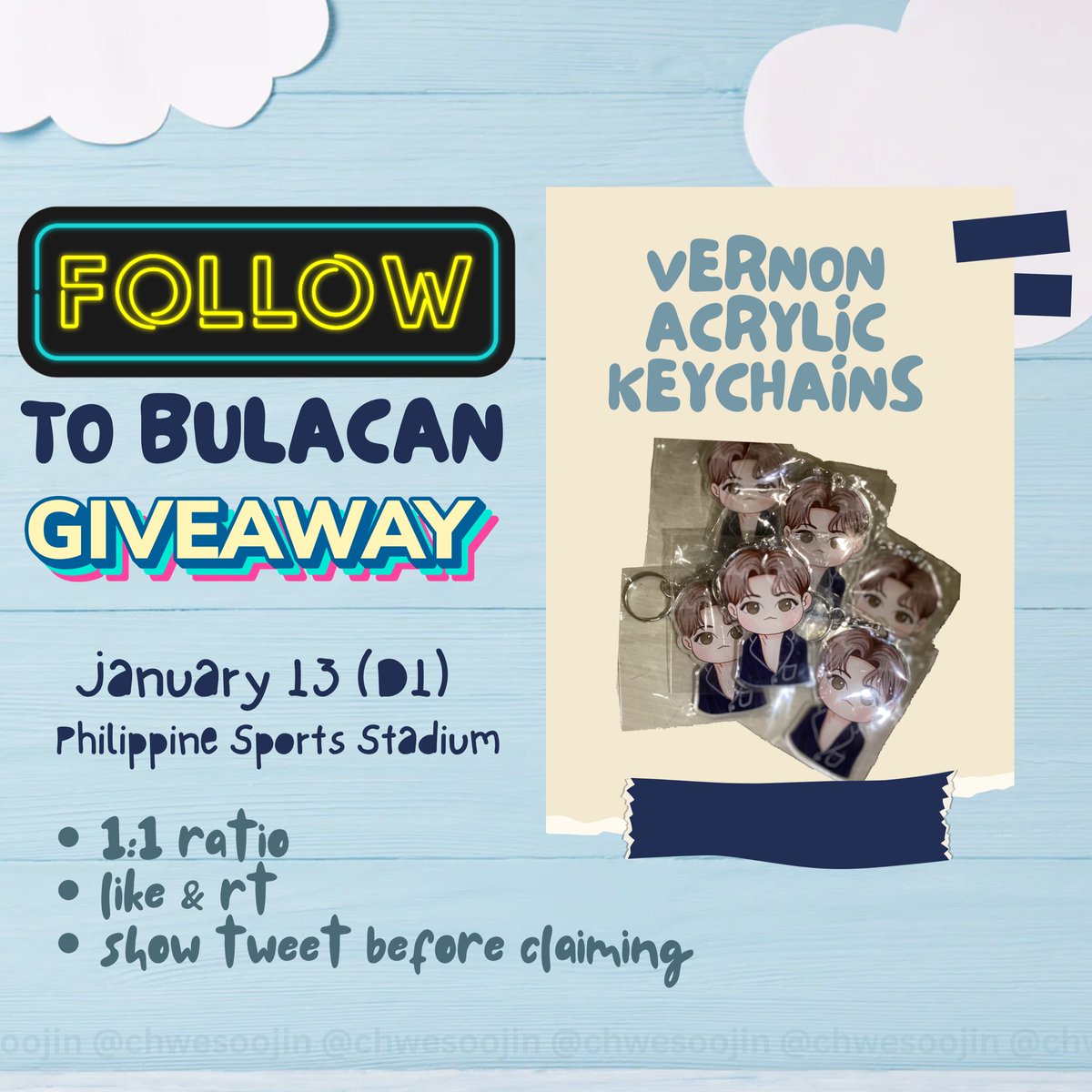 chwesoojin's tweet photo. ✿ SVT FOLLOW TO BULACAN GA ❀
Have your own Vernon Acrylic Keychain!
❀ like tweet & rt
❀ for day 1 only
❀ 1:1
❀ show this tweet
See you on Saturday, carats!
#FOLLOW_TO_BULACAN
#SEVENTEEN
#SVT_FOLLOW https://t.co/YIVWIzEmjD