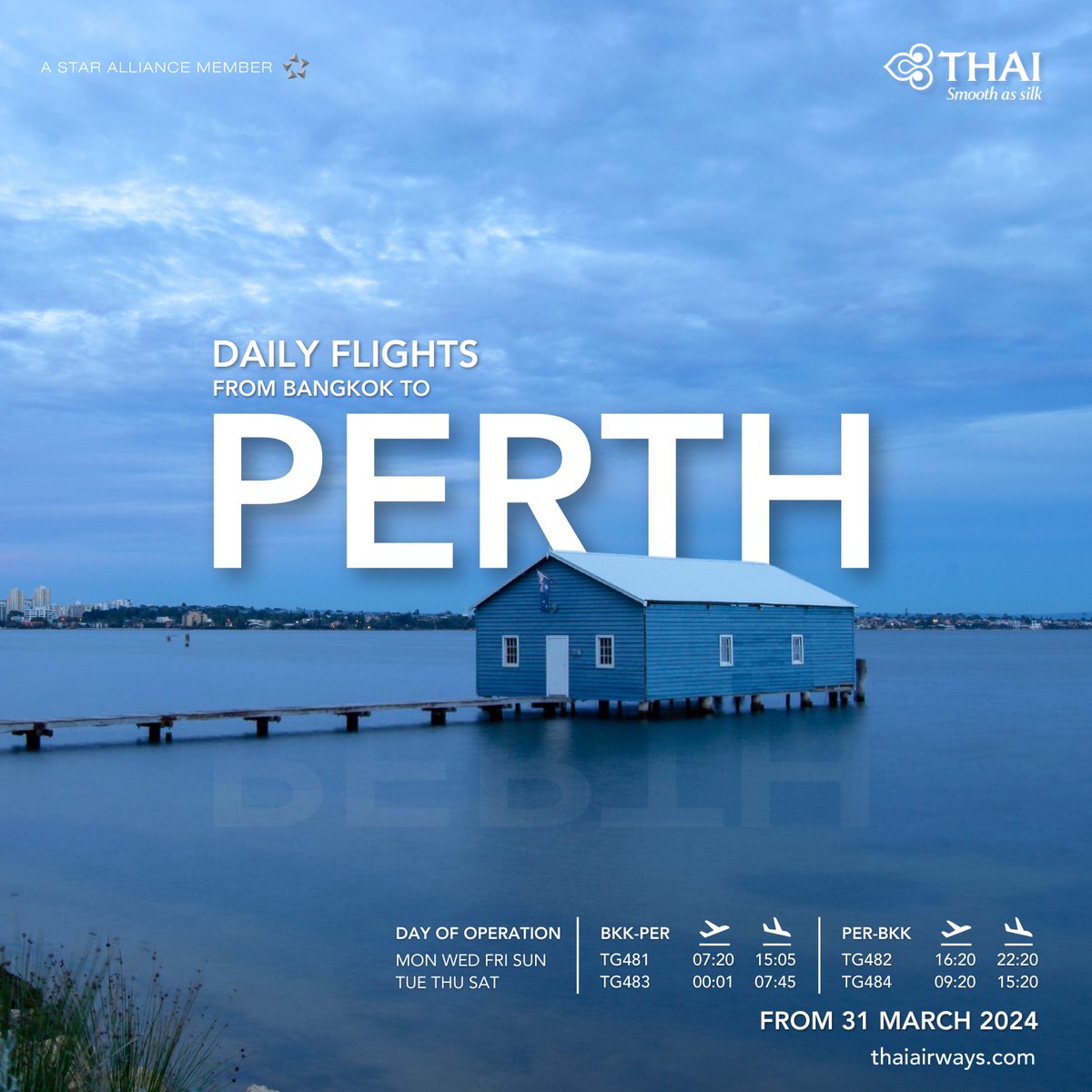 "Embark on an enchanting odyssey to the heart of dreams and nature's allure with Thai Airways. Check into the charming Elizabeth Quay area and explore Rottnest Island. Get ready to discover adorable quokkas on an adventure in the Pinnacles desert and enjoy whale-watching