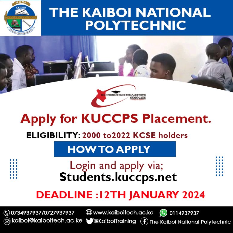 Are you a form four leaver wishing to join a TVET institution? Well, here is an opportunity for you. Visit students.kuccps.net to apply for the ongoing KUCCPS Placement.
#kaiboipoly
#January2024Intake