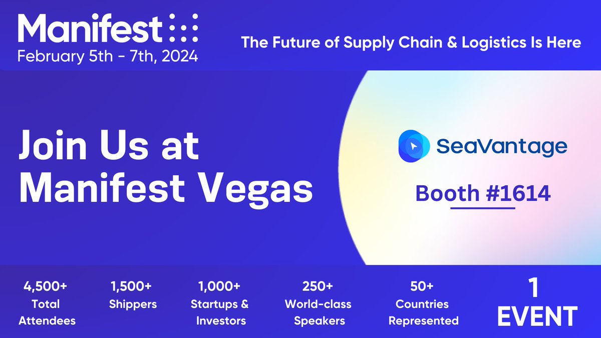 SeaVantage's tweet photo. SeaVantage is excited to announce our sponsorship of @Manifest - A 3-day event being held February 5th - 7th, 2024, at Caesars Forum, Las Vegas. 

To learn more, and meet us at the show, email us at hello@seavantage.com 

#Manifest2024 #ManifestVegas #SeaVantage https://t.co/BgehBfo1aH