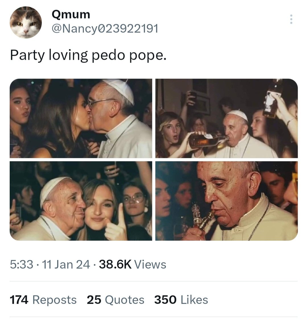 These images of Pope Francis posted by a QAnon follower are obviously AI-generated and fake.