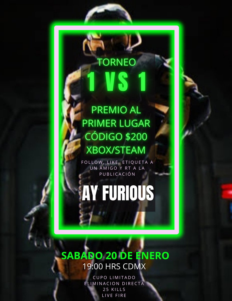 Torneo relámpago 1v1, para participar solo da like, etiqueta un amigo y dale rt, se llevará a cabo este sábado 20 de enero, cupo limitado a los primeros 20 jugadores que tengan los requisitos antes mencionados, será eliminación directa a un solo mapa.