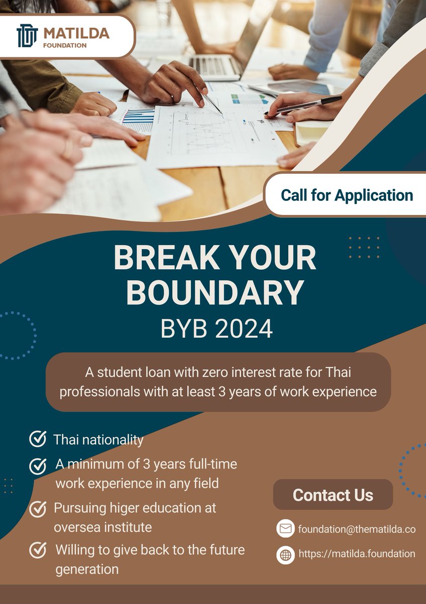 Matilda_BKK's tweet image. Break Your Boundary program is now open for applications for year 2024. See more details and apply at matilda.foundation/byb

#education #future #opportunities #highereducation #masterdegree #overseaseducation #scholarship #scholarships2024 #BYB #breakyourboundary