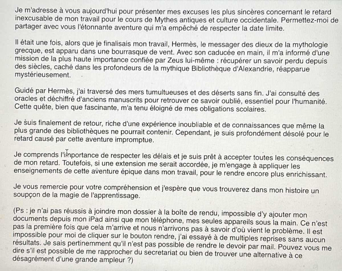 VDecloquement's tweet image. Mail collector d’un étudiant pour m’expliquer pourquoi il n’a pas rendu son travail à temps. 😂