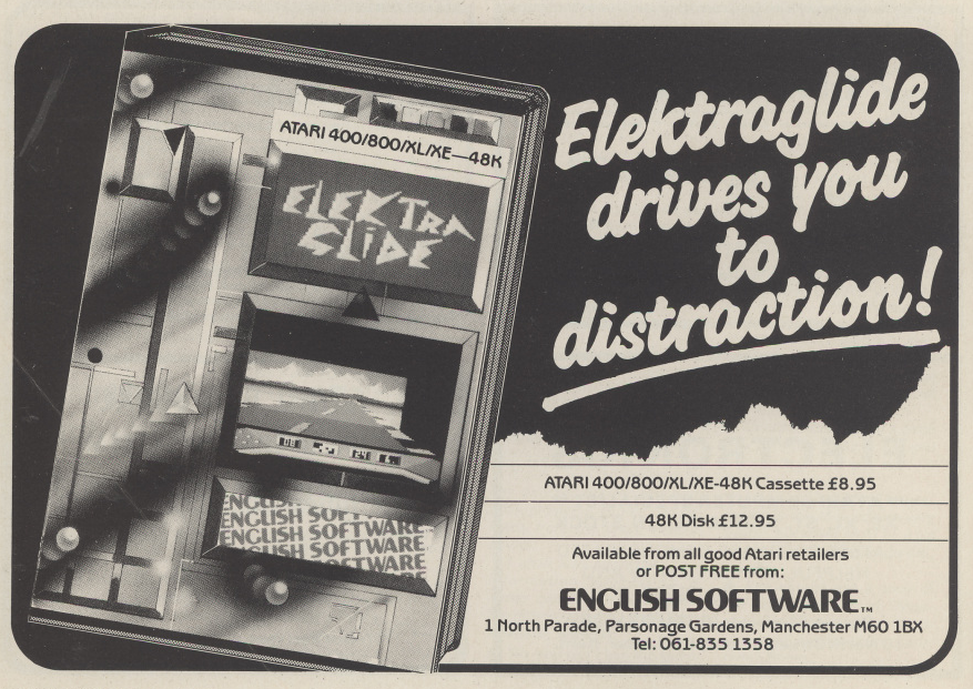 TakodanTweets's tweet image. 1985 small sized ad for the game &apos;Elektraglide&apos; by #EnglishSoftware on #Atari400 #Atari800 #AtariXL and #AtariXE