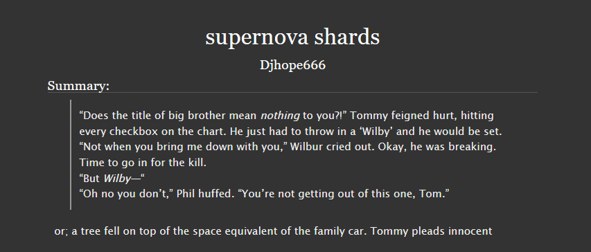 SbiFics's tweet photo. supernova shards by Djhope666

https://t.co/wHVTIavnLI

Warnings: Minor Injuries, Implied/Referenced Vehicle Accident

Words:3787

Completed:🌸
🦝 https://t.co/pIYlrH1JrQ
