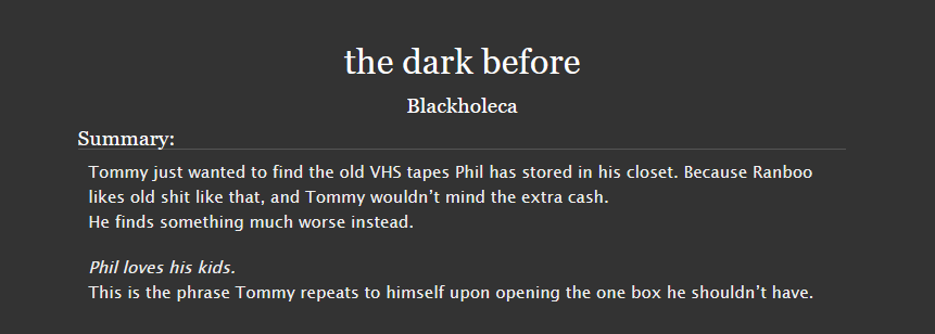 SbiFics's tweet photo. the dark before by Blackholeca

https://t.co/oSF0vVypkZ

Warnings: Blood , Implied/Referenced Murder

Words: 1041

Completed: 🌸
🦝 https://t.co/AAU2QWkWX4