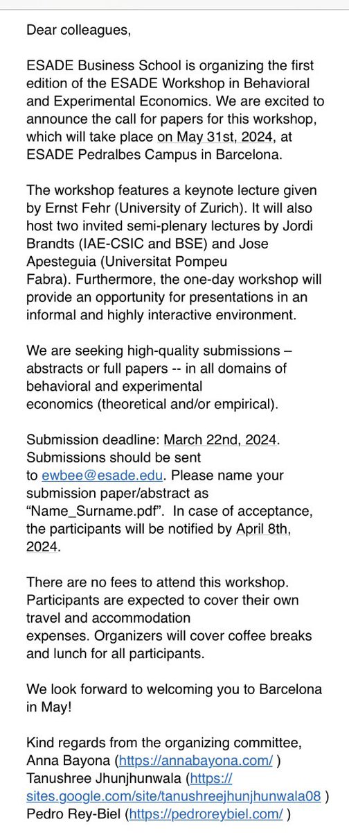 Pedro Rey Biel (@pedroreybiel) on Twitter photo Happy to announce the <a href="/Esade/">Esade</a> Workshop in Behavioral and Experimental Economics in Barcelona on May 31st. keynotes by Ernst Fehr, Jose Apesteguia and <a href="/JordiBrandts/">Jordi Brandts</a> . Send your papers to ewbee@esade.edu by March 22nd. <a href="/EcScienceAssoc/">Economic Science Association</a> Happy to announce the <a href="/Esade/">Esade</a> Workshop in Behavioral and Experimental Economics in Barcelona on May 31st. keynotes by Ernst Fehr, Jose Apesteguia and <a href="/JordiBrandts/">Jordi Brandts</a> . Send your papers to ewbee@esade.edu by March 22nd. <a href="/EcScienceAssoc/">Economic Science Association</a>