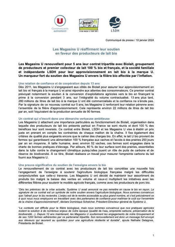 schelcher's tweet image. Très fier de me trouver dans une région historique pour U, la Vendée, pour renouveler un contrat qui nous engage depuis 2011 aux côtés de @BiolaitOP et @groupeLSDH pour l’approvisionnement en lait bio et français de la marque U.
Nous avons signé ce mercredi le renouvellement du…