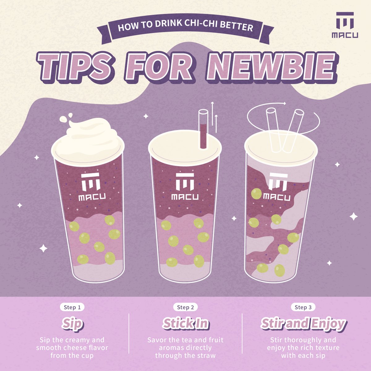You must know our best drinking dessert Chi-Chi Series. But do you know how to drink it better?🧐Here's the tip for Chi-Chi's newbie 
Just remember 3️⃣S Sip-Stick-Stir and you're ready to go. Come to MACU and pick your favorite Chi-Chi🧋  

#MACUTea #ChiChiSeries #BestDrinks #Tip