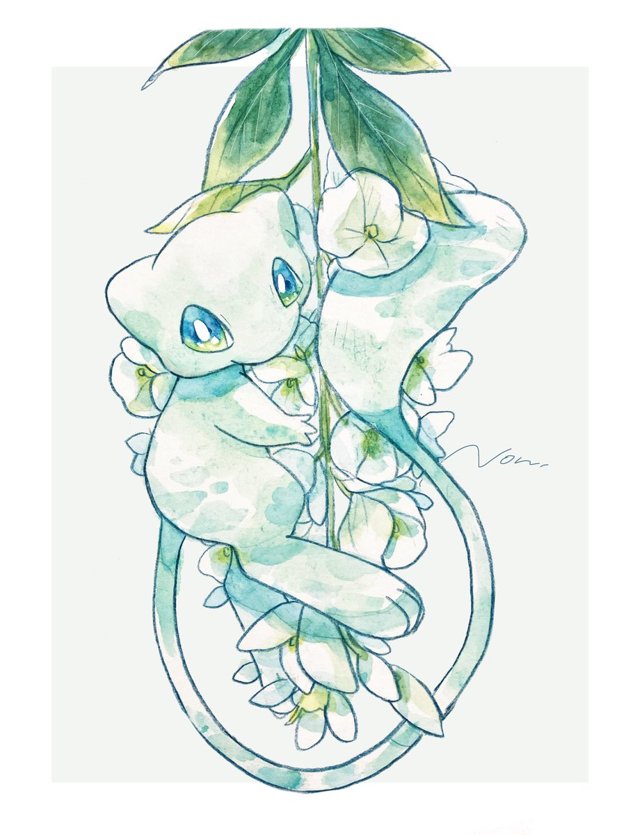 mew (pokemon) pokemon (creature) no humans solo flower white background blue eyes leaf  illustration images