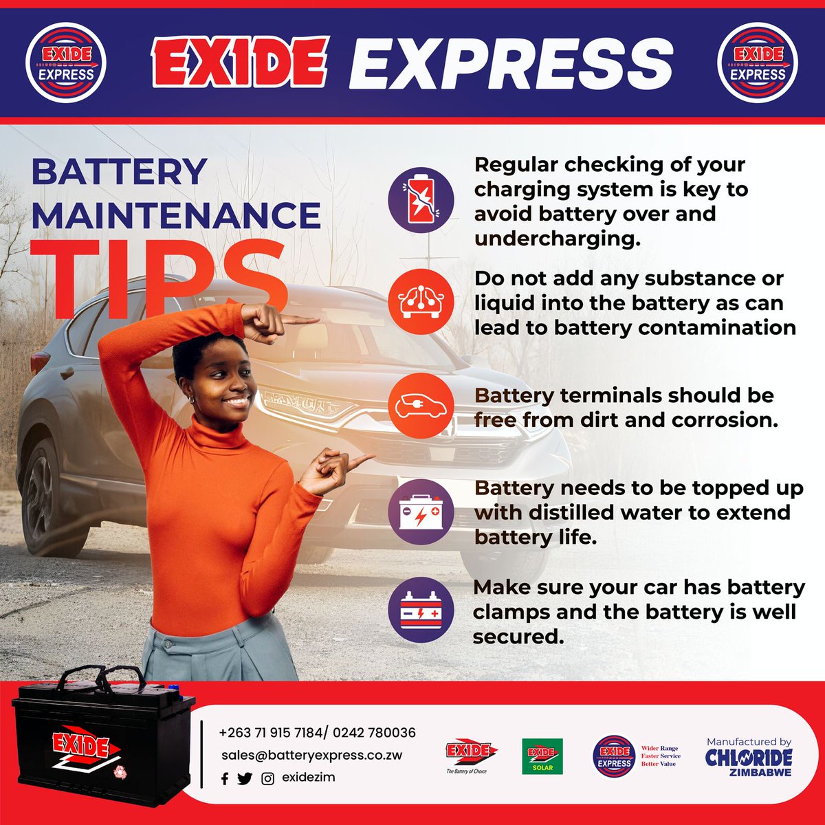 Get the best out of every battery purchase from Exide with these battery maintenance tips. Battery care is essential for you. #thebatteryofchoice @Mavhure @KUDZIELISTER2 @takemorem1 @IdeasZaka @EsteemComms @alickmacheso3