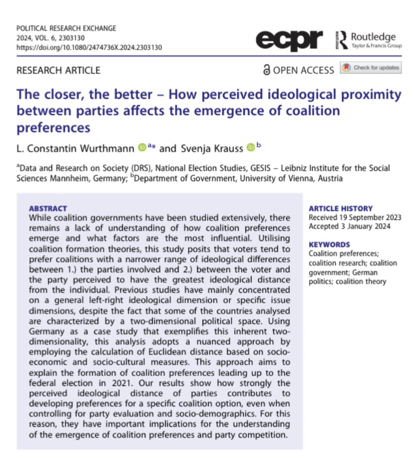 Publication alert🚨

@Svenja_Krauss & I analysed the emergence of coalition preferences ahead of the 2021 German federal election. We used the two-dimensional structure of the party system to investigate spatial distances as predictors. 

#GermanPolitics
doi.org/10.1080/247473…