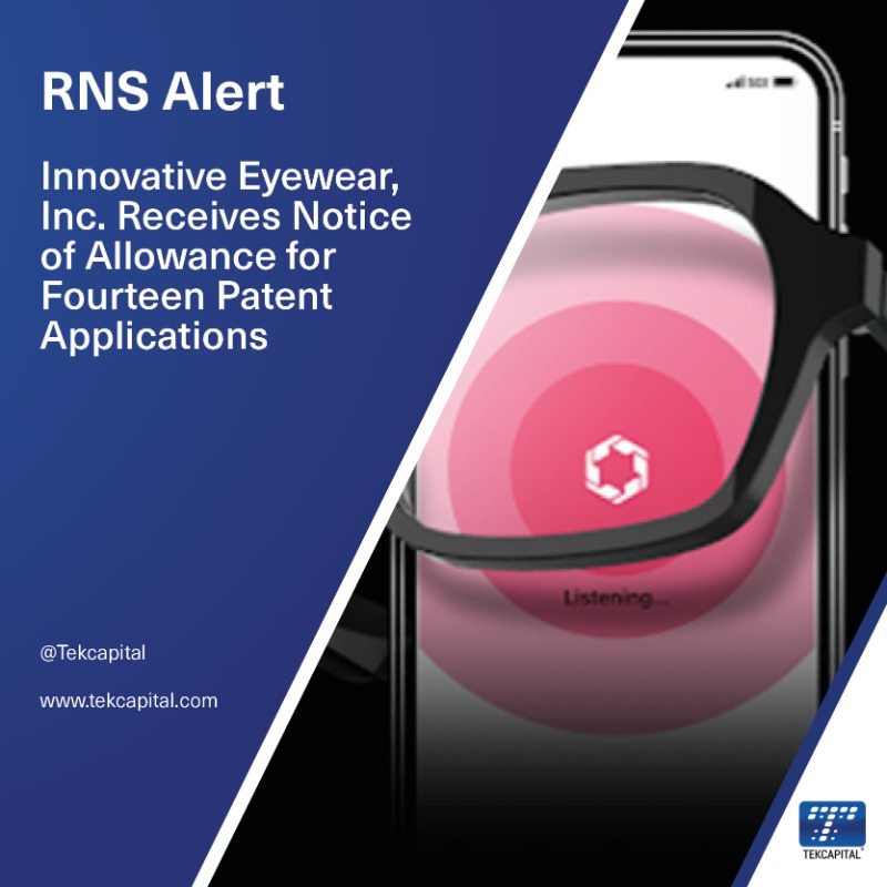 tekcapital's tweet photo. RNS Alert

Innovative Eyewear, Inc. Receives Notice of Allowance for Fourteen Patent Applications