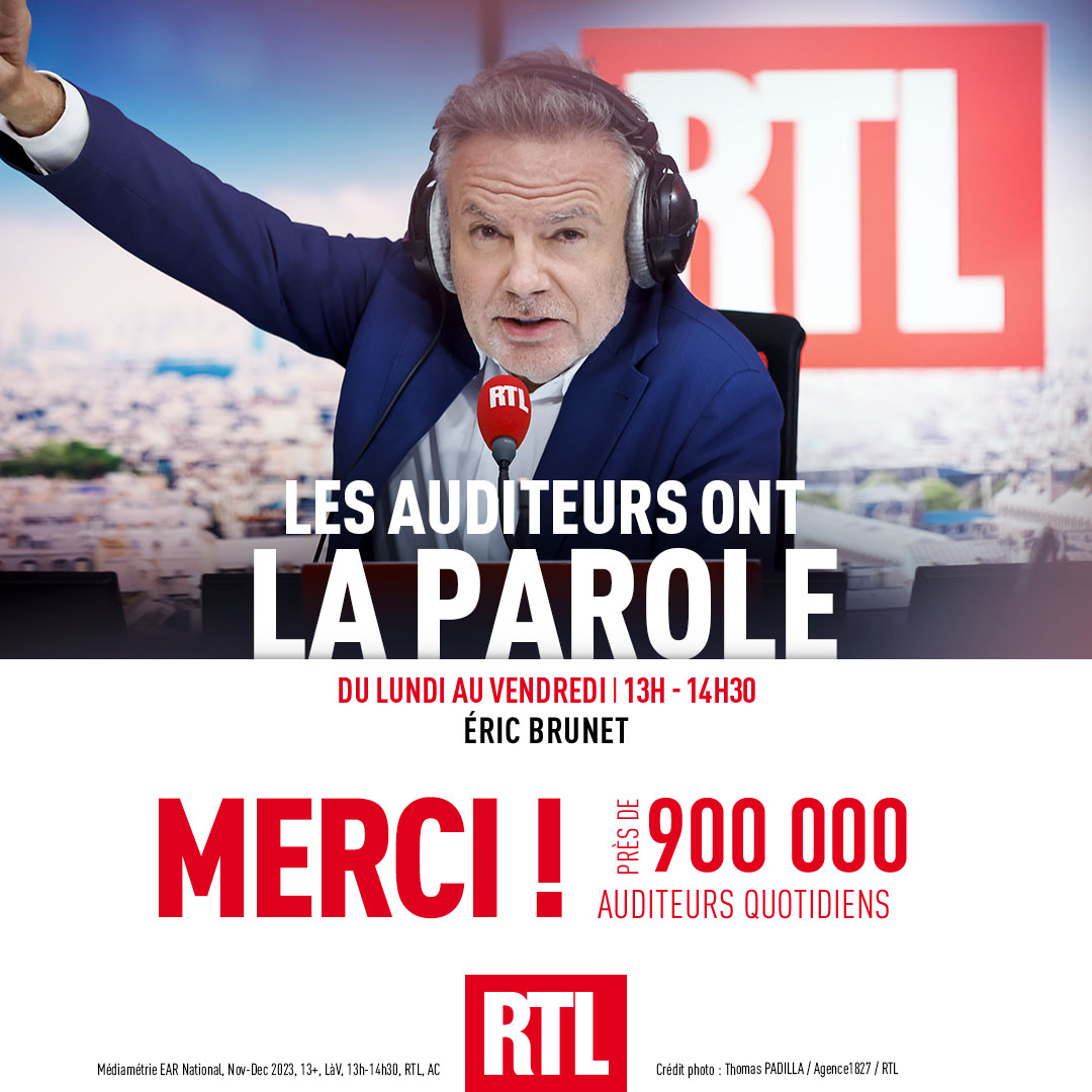 🎙🔴 #AudiencesRadio MERCI ! 🗣 @ericbrunet & @LisaMarieMrqs donnent la parole à près de 900K auditeurs chaque jour sur @RTLFrance ! #Radio #Médiamétrie #LAOLP