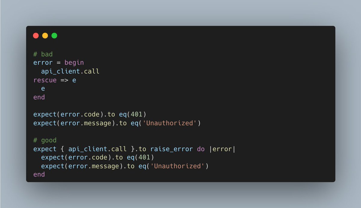 pdabrowski6's tweet image. A clean way to set expectations on errors using #RSpec and #Ruby