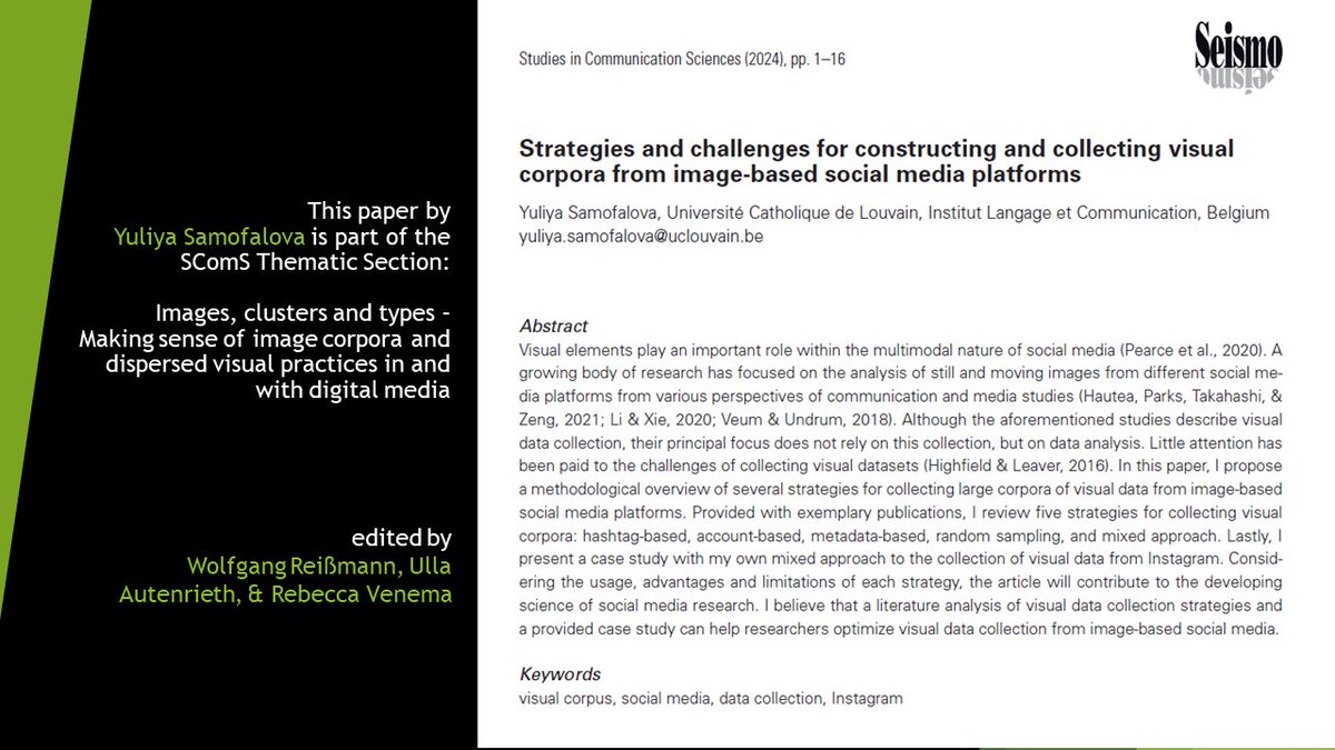 SComS: Studies in Communication Sciences (@scoms_journal) on Twitter photo Collecting visual corpora from #Instagram can be a challenging process. <a href="/YuliaSamofalova/">Yulia Samofalova</a> reviews recent strategies of #visual #data collection and presents a corpus of Instagram posts by #ClimateChange opinion leaders.
👉Online first: doi.org/10.24434/j.sco… Collecting visual corpora from #Instagram can be a challenging process. <a href="/YuliaSamofalova/">Yulia Samofalova</a> reviews recent strategies of #visual #data collection and presents a corpus of Instagram posts by #ClimateChange opinion leaders.
👉Online first: doi.org/10.24434/j.sco…