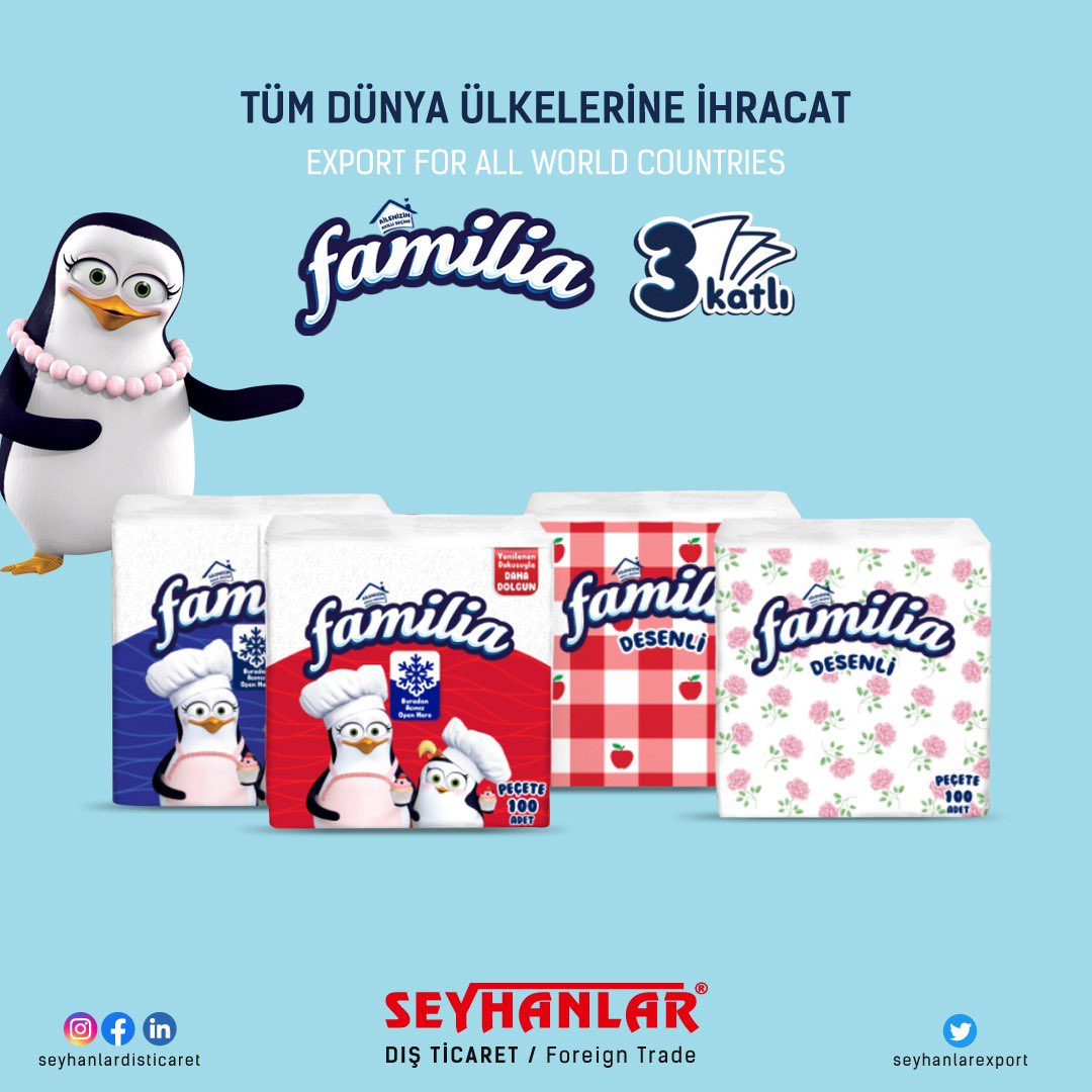 Familia Peçete Çeşitleri

Tüm dünya ülkelerine ihracat.
Export For All World Countries.

Seyhanlar Dış Ticaret,
30'dan fazla ülkeye binlerce ürün ihracatı gerçekleştiriyoruz.

#seyhanlarexport #seyhanlardisticaret #foreigntrade #disticaret #exportturkey #export #foodexport