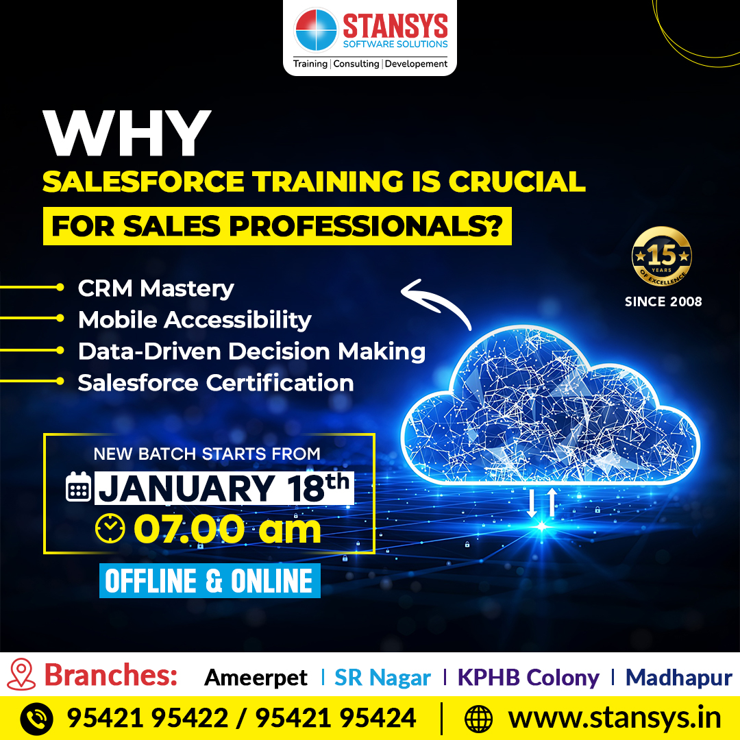 Stansys_SAS's tweet image. Empower your sales game with Salesforce Training! Gain mastery in CRM, unlock mobile accessibility, and drive decisions with data. Elevate your career with Salesforce Certification.
Join Us Now: 9542195422 / 9542195424.
Visit:stansys.in
#salesforcecourse