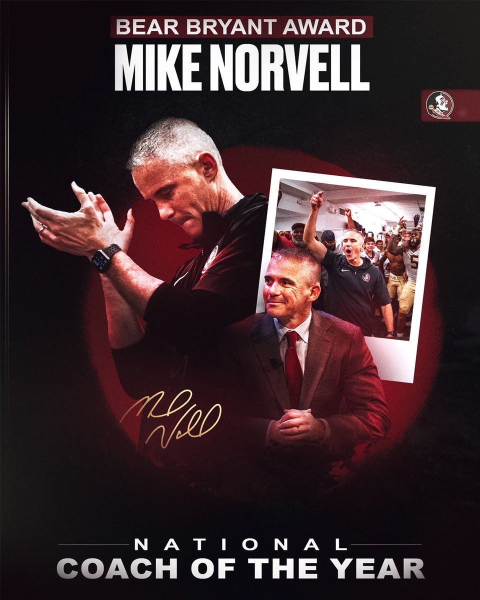 FSU Football (@fsufootball) on Twitter photo Hard work doesn’t guarantee success, but it absolutely puts you in the best position to be able to achieve it
<a href="/Coach_Norvell/">Mike Norvell</a> has added another National Coach of the Year honor tonight, winning the 2023 Bryant Award!
Congratulations, Coach!
#NoleFamily | #KeepCLIMBing Hard work doesn’t guarantee success, but it absolutely puts you in the best position to be able to achieve it
<a href="/Coach_Norvell/">Mike Norvell</a> has added another National Coach of the Year honor tonight, winning the 2023 Bryant Award!
Congratulations, Coach!
#NoleFamily | #KeepCLIMBing