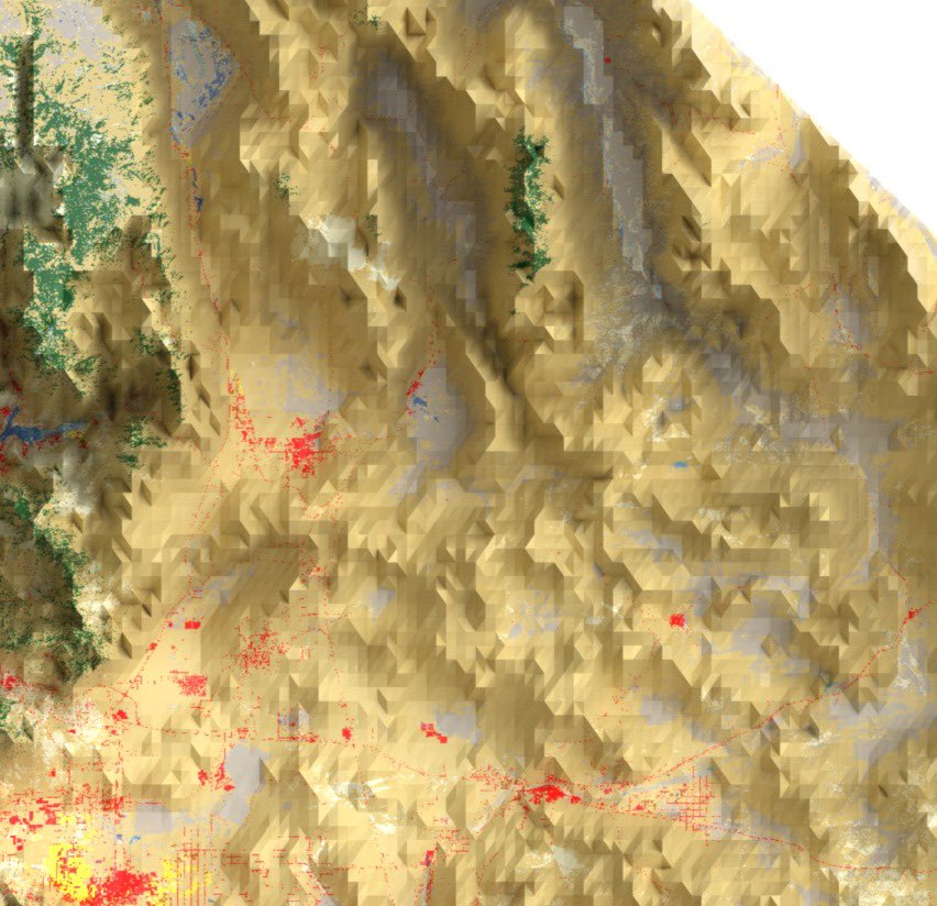 LucasBlachet's tweet photo. @725Hemeed Hi! I followed your QGIS+Blender guide but my render ends up looking weird like this. It might be a subdivide issue, a DEM resolution issue or maybe a light issue? Thanks for your help! :) (colors are land cover) https://t.co/rmiSQDprnC