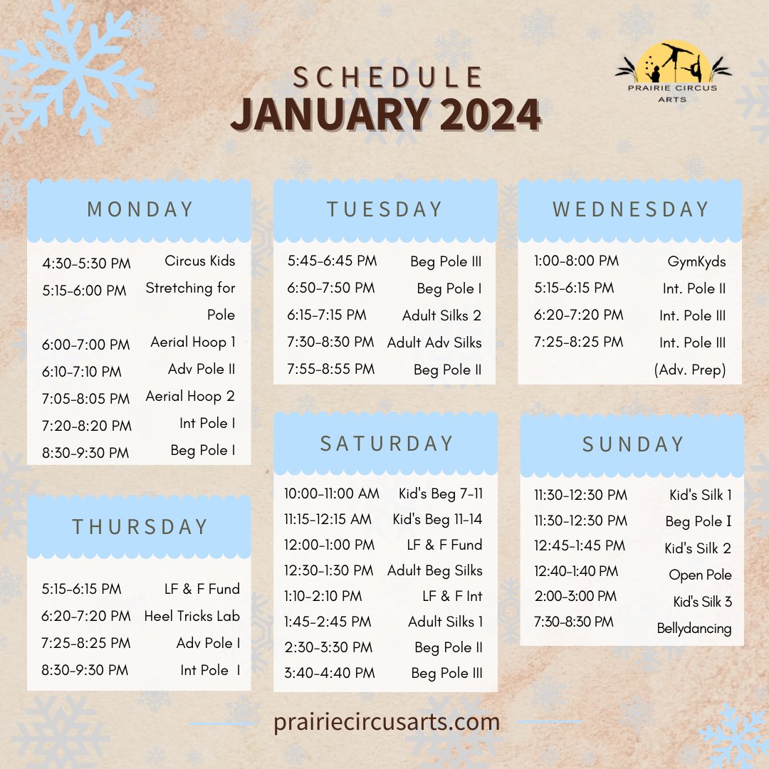 PrairieCircus's tweet photo. 🗓️ JANUARY CLASS SCHEDULE

#january #january2024 #winnipegstudio #winnipegclasses #PrairieCircusArts #pca #manitoba #stjameswinnipeg #sunnystjames #mb #wpg https://t.co/uxzXzBpprQ